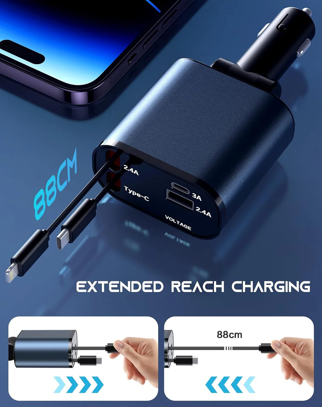120W 4-In-1 Retractable Car Charger